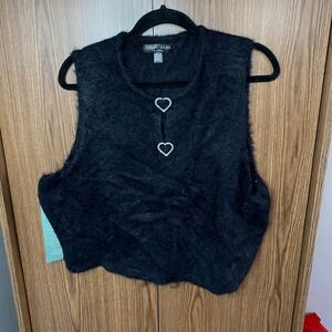 Johnny Wujek Sweater Vest Womens 1X Black New Heart Rhinestone Fuzzy Cropped